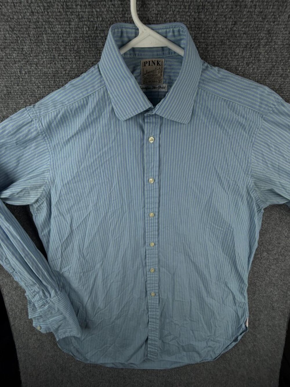 Thomas Pink Men Long Sleeve Button Up French Cuff Green Blue Striped 15.5 33